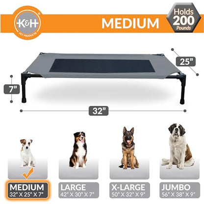 K&H Outdoor Elevated Dog Bed - Cooling Raised Dog Bed for Small & Medium Pets, Breathable Mesh Center Hammock Design, Indoor/Outdoor Washable Cover, Portable Metal Frame, Gray, Medium 32x25in