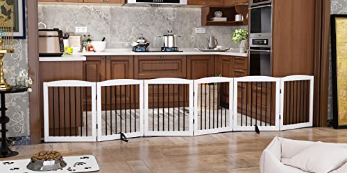 PUPETPO Freestanding Pet Gate for Dogs, Foldable Wooden Dog Gate for House, Extra Wide Indoor Pet Barrier for Stair, Doorway, Hall, Support Feet Included, 120 Inch Wide, 6 Panels 24", White - color: White & Black, size: 24" Height-6 Panel