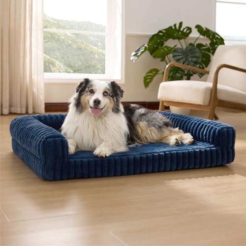 Bedsure ComfyFleece™ Orthopedic Dog Beds for Extra Large Dogs, Waterproof Memory Foam XL Pet Bed with Sides, Non-Slip and Egg-Crate Foam Big Dog Couch Sofa with Washable Corduroy Cover, Blue - color: Night Blue, size: 42.0"l X 30.0"w X 7"th