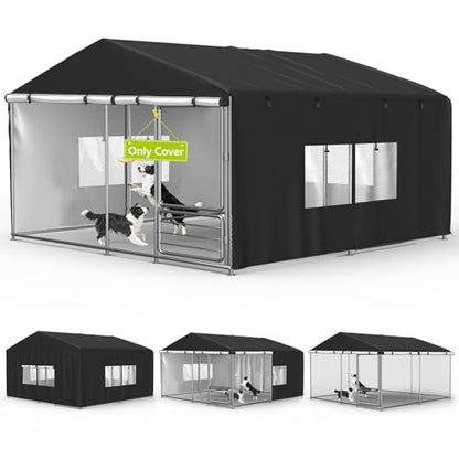 Outdoor Dog Kennel Cover 10'D x 10'W x 6.5'H Black Full Coverage with Transparent PVC Window and Breathable Mesh All-Weather Protection for Multiple Brands of Kennels Only Cover - size: 10'D x 10'W x 6.5'H