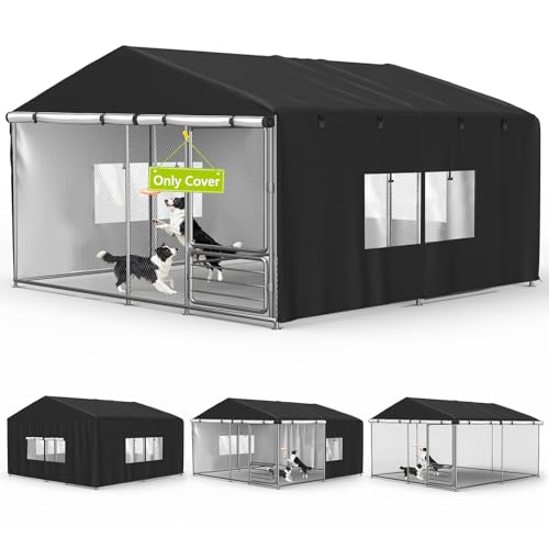 Outdoor Dog Kennel Cover 10'D x 10'W x 6.5'H Black Full Coverage with Transparent PVC Window and Breathable Mesh All-Weather Protection for Multiple Brands of Kennels Only Cover - size: 10'D x 10'W x 6.5'H