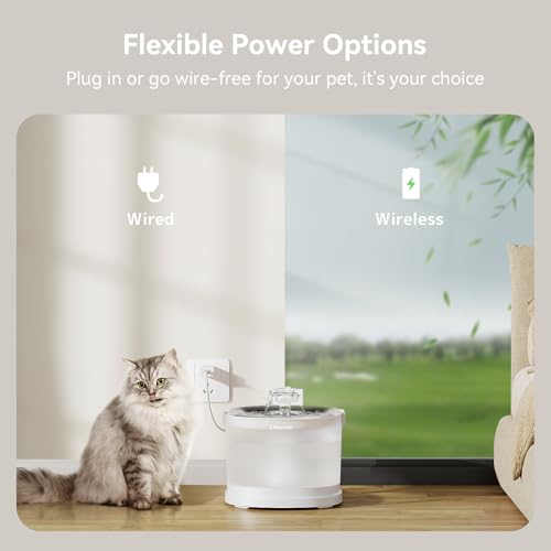 Cheerble Pumpless Cat Water Elfin Fountain, Wireless Pet Fountain Battery Operated, 2L/67oz E1+ Automatic Water Dispenser Cats & Dogs MagDrive™ Technology Stainless Steel Tray, No Cleaning Hassle - size: Cordless | Standard