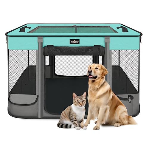 Paw Ballet Foldable Pet Kitten Playpen, Upgrade Waterproof Portable Dog Cat Playpen Kennel Tent for Small Cat Dog, Retractable Shade Cover, Indoor Outdoor Use for Small Pet. - color: Black Teal 03, style: Large(35.4''×27.5''×23.6'')
