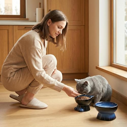 Nihow Elevated Cat Bowls,6 Inch Ceramic Raised Cat Food and Water Bowl Set | Slanted,Whisker Friendly,for Protecting Pet's Spine,Microwave & Dishwasher Safe ,Elegant Blue & Black,6.8 OZ - color: Blue & Black, size: 6.8 OZ+15.5 OZ