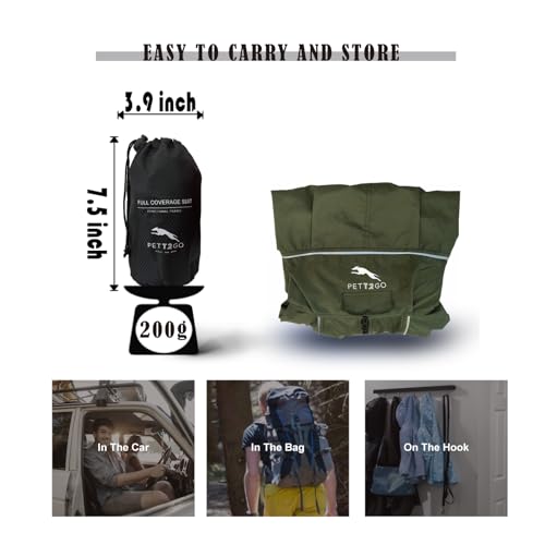 Dog Lightweight Windbreaker, Dog Outdoor 4-Legs Jacket, 0.5 lbs,Durable Water Repellent, Hooded, Easy on/Off with Collar and Harness, Reflective, Packable,Dark Olive -Large (Male) - size: Large (Male)