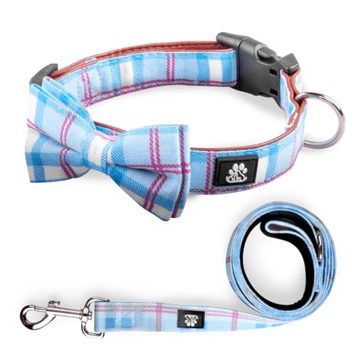 IVY&LANE Dog Collar with Bowtie and Leash Set | Plaid Adjustable Dog Collar | Detachable Bow Tie |5 FT Dog Leash | for Small Medium Large Dogs | Checkered Blue | Small - color: Checkered Blue, size: S