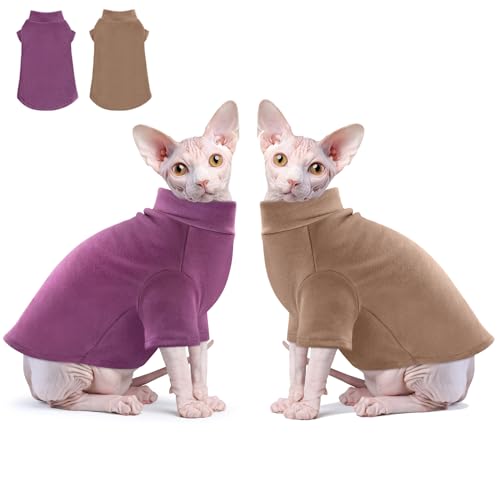 Idepet Sphynx Cats Sweater 2 Pack,Turtleneck Hairless Cat Shirt Soft and Warm Kitten Clothes with Sleeves Pullover Pet Winter Pajamas Jumpsuit for Cat Puppy (Purple&Brown, Small) - color: Purple&Brown, size: Small