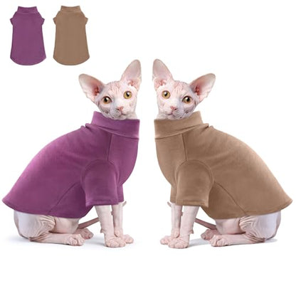Idepet Sphynx Cats Sweater 2 Pack,Turtleneck Hairless Cat Shirt Soft and Warm Kitten Clothes with Sleeves Pullover Pet Winter Pajamas Jumpsuit for Cat Puppy (Purple&Brown, Large) - color: Purple&Brown, size: Large