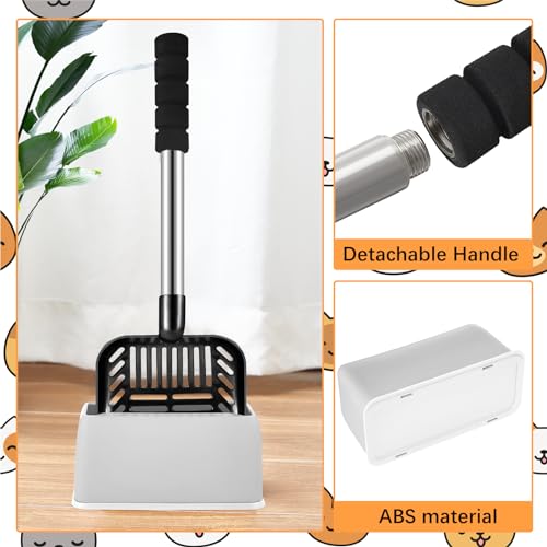 Hortsun 32 Inch Cat Litter Scooper Metal Long Handle with Cat Litter Scoop Holder Deep Kitty Sifter Shovel Detachable Stainless Steel Poop Sifter Scooper Caddy Kitty with Box(Black) - color: Black