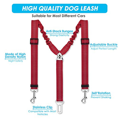 SlowTon Dog Seat Belt, Double Dog Seatbelt Adjustable Vehicle Safety Leash with Elastic Bungee Buffer, Reflective No Tangle Y Shape Two Dog Harness Seat Belt Splitter for Pets Car Trip Travel (Red, S) - color: D.Red, size: 2 Small in 1