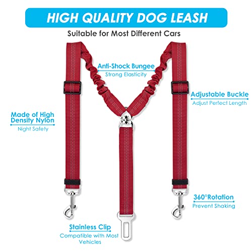 SlowTon Dog Seat Belt, Double Dog Seatbelt Adjustable Vehicle Safety Leash with Elastic Bungee Buffer, Reflective No Tangle Y Shape Two Dog Harness Seat Belt Splitter for Pets Car Trip (Red, M) - color: D.Red, size: 2 Medium in 1