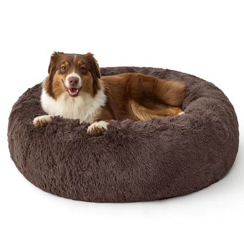 Bedsure SupportMax™ Calming Dog Beds Large Sized Dog - 36in Donut Washable Large Pet Bed,Anti-Slip ＆Removable Cover,420GSM Round Anti-Anxiety Fluffy Plush Faux Fur Bed, Fits up to 80 lbs Pets - color: Chestnut Brown, size: L(36x36x8)