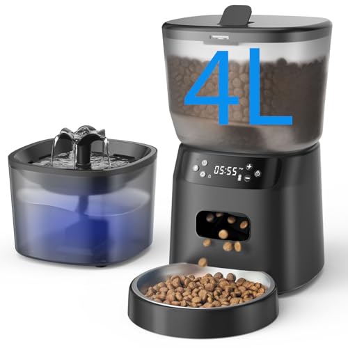 Automatic Cat Feeder and Water Fountain, 4L/16 Cups Timed Cat Dry Food Dispenser, 10s Meal Call, 20 Portions 6 Meals Per Day, 2L Cats Fountains for Drinking with Filter, Pet Feeder for Dog - size: 4L/16Cups