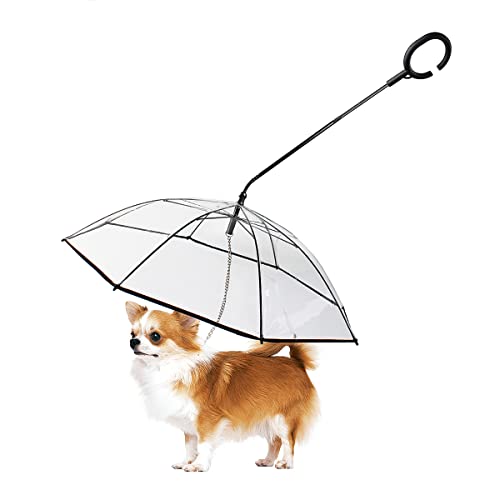 LESYPET Small Dog Umbrella, 29" Width Clear Dogs Umbrella Waterproof Dog Raincoat with Chain Leash for Outdoor Walking Rainy Days - color: Clear (With chain)