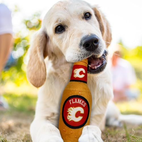 Pets First NHL Calgary Flames Beer Bottle Plush Dog & Cat Toy- Cutest Stadium SODA Bottle Snack Plush Toy for Dogs & Cats with Inner Squeaker & Beautiful Hockey Team/Logo - color: Calgary Flames, style: NHL Beer Bottle Toy