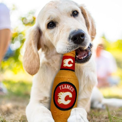 Pets First NHL Calgary Flames Beer Bottle Plush Dog & Cat Toy- Cutest Stadium SODA Bottle Snack Plush Toy for Dogs & Cats with Inner Squeaker & Beautiful Hockey Team/Logo - color: Calgary Flames, style: NHL Beer Bottle Toy