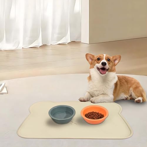 Silicone Waterproof Dog Cat Pet Feeding Mats,Anti Slip Pet Bowl Mats, BPA Free Silicone Pete Feeding Mat Bear Pattern 16In x 12In(Beige) - color: beige