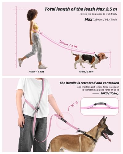Hands Free Dog Leash, 5.9-8.2ft Multifunctional Crossbody Rope with Explosion-Proof Handle and Adjustable Training Hands Free Leash for Medium Dogs Walking,Light Pink - color: Light Pink