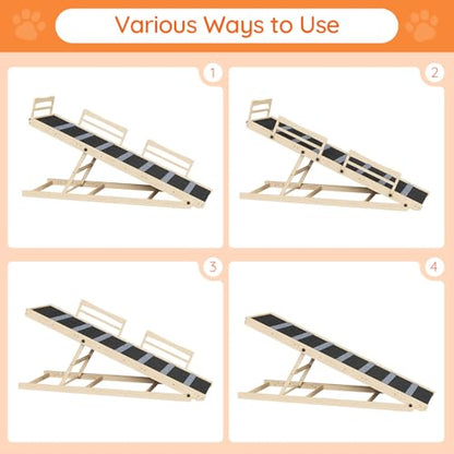 HOOBRO Dog Ramp for Bed, 63" Long Folding Pet Ramp with Non-Slip Mat and Safety Side Rails, 5 Height Adjustable up to 29.5", Wooden Dog Ramp for Couch, for Small/Large Dogs, Natural and Black NB46PT03 - size: 63.0"L x 17.7"W x 3.7"H