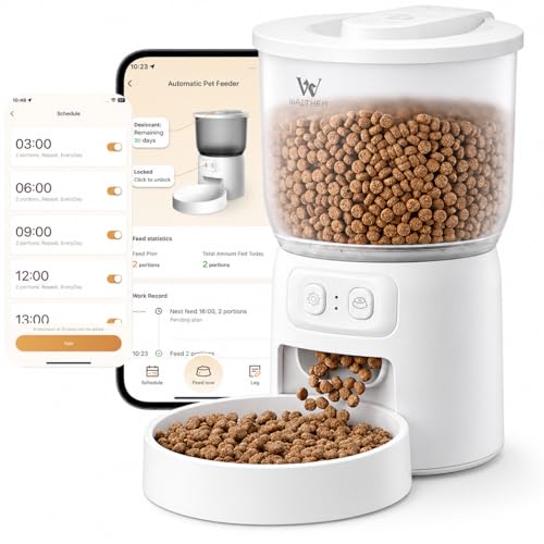 Waithem Wi-Fi Automatic Pet Feeder for Cats&Dogs, Timed Dry Food Dispenser with App Programmable Portion Control, Up to 10 Meals Per Day, Dual Power Supply, 5G/2.4G WLAN, Desiccant Bag Included