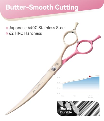 Curved Dog Grooming Scissors with Coating 440C Stainless Steel, 7 inch Professional Curved Shears Dog Grooming，25 Degree of Curved Blade，Pet Shears for Trimming Face and Paws, Pink & White - color: Pink&white