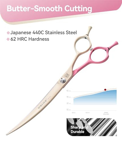 Curved Dog Grooming Scissors with Coating 440C Stainless Steel, 7 inch Professional Curved Shears Dog Grooming，25 Degree of Curved Blade，Pet Shears for Trimming Face and Paws, Pink & White - color: Pink&white
