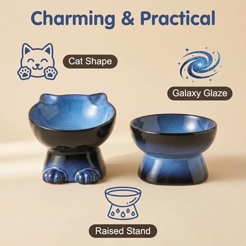 Nihow Elevated Cat Bowls,6 Inch Ceramic Raised Cat Food and Water Bowl Set | Slanted,Whisker Friendly,for Protecting Pet's Spine,Microwave & Dishwasher Safe ,Elegant Blue & Black,6.8 OZ - color: Blue & Black, size: 6.8 OZ+15.5 OZ