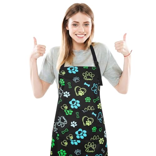 Dog Grooming Waterproof Apron with 2 Pockets, Cute Animals Puppy Dog Pets Apron - style: Dog Paw Heart Bone