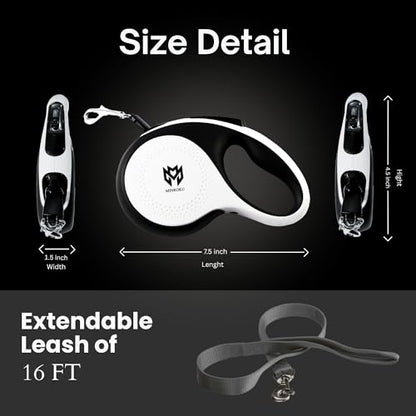 16ft Tough ABS Casing Retractable Dog Leash with Light - Suitable for Dogs Up to 55lbs - Tangle Free 360 Rotation & One Hand Brake Lock System - No Pull, Suitable for Training & Walking