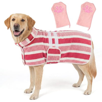 Quick Drying Dog Bathrobe for Large Dogs - Coral Fleece Super Absorbent Pet Towel Robe with 2 Drying Gloves, Adjustable Velcro and Button Closure, XL Size, Red - size: XL
