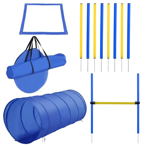 4Pc Obstacle Dog Agility Training Course with Jump Hurdle, Tunnel, Pause Box, Weave Poles and Carrying Bag, Backyard Fitness Set- Blue/Yellow