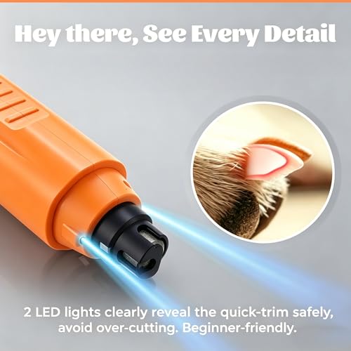 Dog Nail Grinder Quiet, 5-Speed Pet Nail Grinder with LED Light, Rechargeable Electric Dog Nail Trimmer for Small Medium Large Dogs & Cats, 2 Replacement Heads, Orange