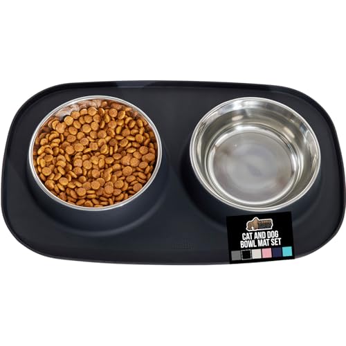 GORILLA GRIP Dog Bowl Set with Slip Resistant Silicone Feeding Mat, 3 Cup, Food Grade 304 Stainless Steel Bowls, BPA Free, High Edge Spill Containment, Dishwasher Safe, Finger Notch Removal, Black - color: Black, size: 3 Cup Bowls
