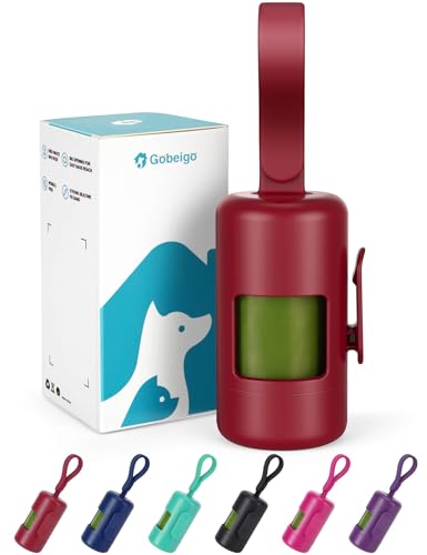 Gobeigo Dog Poop Bag Holder【Convenient Hook for Used Bags】【Silicone Strap Fits Any Leash】【Large Opening for Easy Dispensing】with 1 Roll Waste Bags (Red) - color: Red