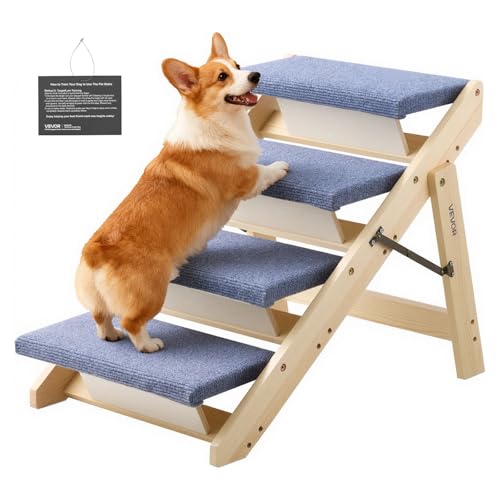 VEVOR Wood Pet Stairs, 4-Step Dog Stairs for Beds, Sofa & Cars, 150lbs Load Capacity, Floded Flat Design, Stable & Sturdy Cat & Dog Step Ladder for Small Medium Large Older Pet Puppy Essentials - color: Wood Color+Blue, size: 4-Step Foldable