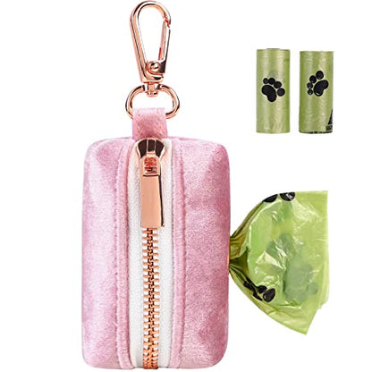 ARING PET Velvet Dog Waste Bag Dispenser, Pink Doggy Poop Bags Holders Attach to Any Leashes, Portable Washable Pet Waste Pouch Dispenser with Metal Zipper - color: A:pink