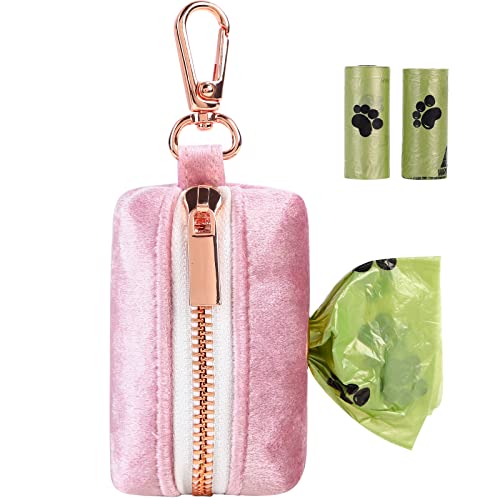 ARING PET Velvet Dog Waste Bag Dispenser, Pink Doggy Poop Bags Holders Attach to Any Leashes, Portable Washable Pet Waste Pouch Dispenser with Metal Zipper - color: A:pink