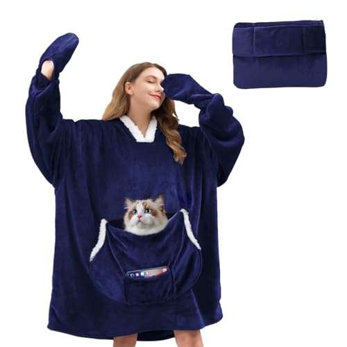JOYWOO Navy Foldable Wearable Blanket Hoodie with Gloves,Oversized Cat Lovers Sweatshirt Blanket for Adult,Birthday Gifts for Men,Dad,Husband Cozy Sherpa Hooded Blanket with Giant Pocket Winter Gifts - color: Navy Blue, size: Lightweight