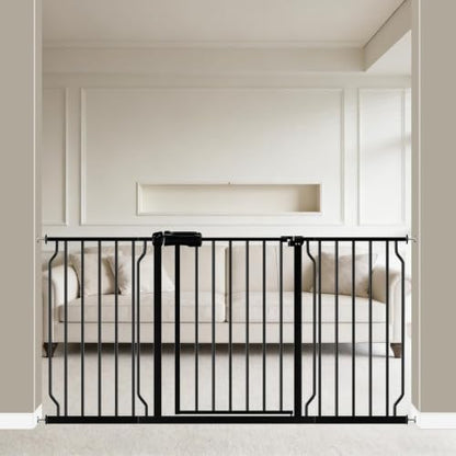 WAOWAO Baby Gate 146-158cm(57-62인치) 엑스트라 와이드 압력 장착 워크 스루 스윙 자동 닫힘 안전 블랙 메탈 유아 어린이 개 애완동물 강아지 계단, 출입구, 주방용 - color: 블랙., size: 57.48-62.20"/146-158cm