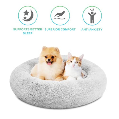 SAVFOX 45 inches Calming Donut Dog Bed - 3X Durable Plush Faux Fur, Machine Washable & Non-Slip, Fits up to 150 lbs, Light Grey - color: Light Grey, size: X-Large | 45"x45"