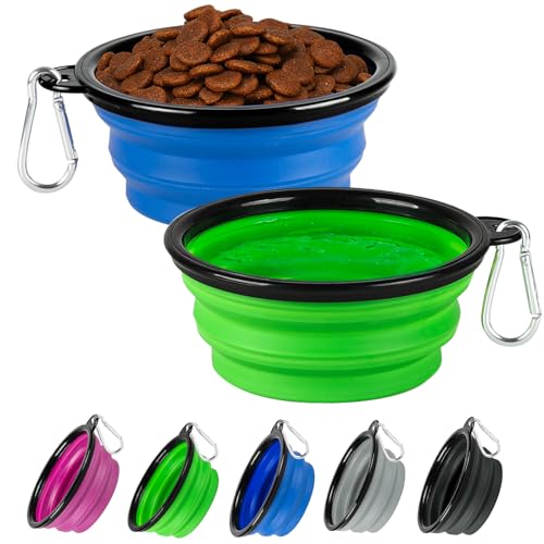 Collapsible Dog Bowls for Travel, 2-Pack Dog Portable Water Bowl for Dogs Cats Pet Foldable Feeding Watering Dish for Parking Camping Walking with 2 Carabiners Clip (12oz, Small, Blue+Green) - color: Blue+Green, size: Small