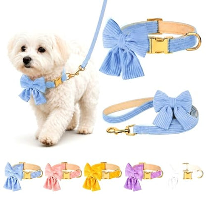 Dog Collar and Leash Set with Bowtie, Soft & Cute Puppy Collar, Cotton Puppy Collar with Adjustable Metal Buckle for Small, Medium Dog (Blue, Size S: Neck 10"-16") - color: Blue, size: S: Neck 10"-16" Leash 5 FT