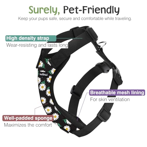 VavoPaw Dog Seat Belt, Safety Vest Dog Car Harness with Adjustable Buckle Dog Seat Belt for Vehicle Nylon Pet Safety Seat Belts Heavy Duty(L, Black Daisy) - color: Black Daisy, size: L (Chest: 22-32.3", Neck: 16.9-26")