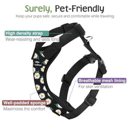 VavoPaw Dog Seat Belt, Safety Vest Dog Car Harness with Adjustable Buckle Dog Seat Belt for Vehicle Nylon Pet Safety Seat Belts Heavy Duty(L, Black Daisy) - color: Black Daisy, size: L (Chest: 22-32.3", Neck: 16.9-26")