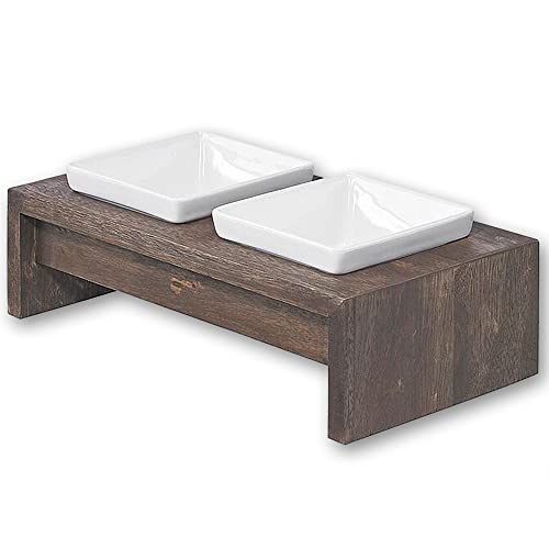 Bowsers Artisan Diner Double Dog Feeder - Handcrafted Rubberwood Frame with Square Ceramic Bowls Feeder for Dogs - Walnut, Small, 15" x 7" x 4" - color: Walnut, size: Small