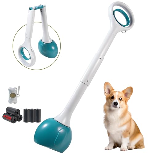 Dog Pooper Scooper Portable with Bag Attachment, One Handed Foldable Design, Includes 120 Waste Bags and Dispenser, 28 Inch Handle for Grass Yard Gravel Cleanup (Green) - color: 28in + Green + 120 garbage bags + dispenser