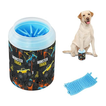 Monster Truck Black Gray Print Dog Paw Cleaner Cup with Soft Silicone Brush, Portable Small Lightweight Muddy Paw Washer for Dogs, Easy to Use Pet Foot Cleaner