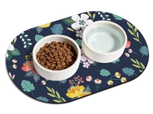 20''x12'' Absorbent Cat Feeding Mat, Pet Water Mats Protect Floor, No Stains Quick Dry Pet Placemats for Food and Water Bowl, Non-Slip Base Cats Bowl Mats for Messy Drinkers, Dark Blue Floral - color: Dark Blue Floral, size: 20''x12''