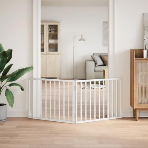 Set of 2 Dog Gate for Doorways and Stairs, 63 in Wide Freestanding Pet Gate, Adjustable Foldable Safety Barrier for Dogs, Solid Poplar Wood Indoor Fence, White