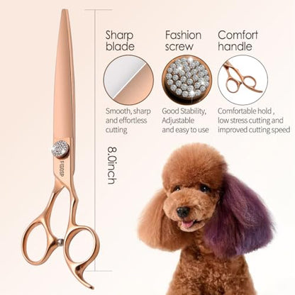 Rose Gold Titanium Professional 8'' Straight Dog Grooming Scissors Long Large Grooming Shears for Dogs Pet Japan 440C Right Handed Dog Hair Cutting Scissors for Poodle(8,Straight) - size: 8 inch, style: Straigth Shears